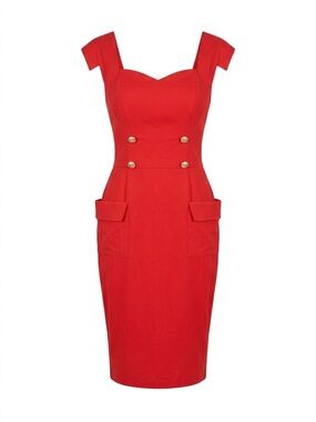 Unique Vintage Barbie Red Midi Sheath Dress with Gold Buttons XL